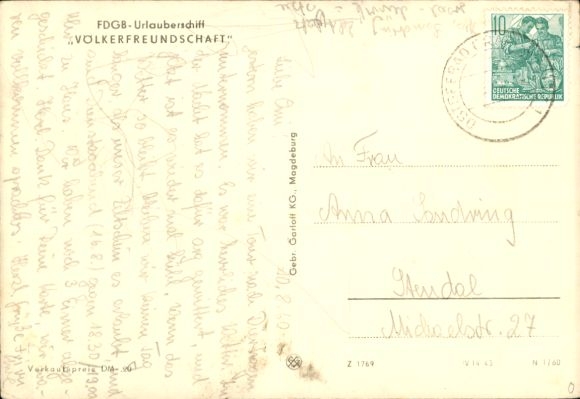 Postcard FDGB holiday ship Völkerfreundschaft