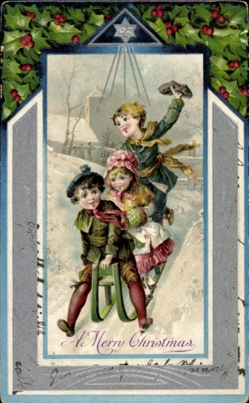 Embossed Passepartout Postcard Congratulations Christmas, children riding sleigh