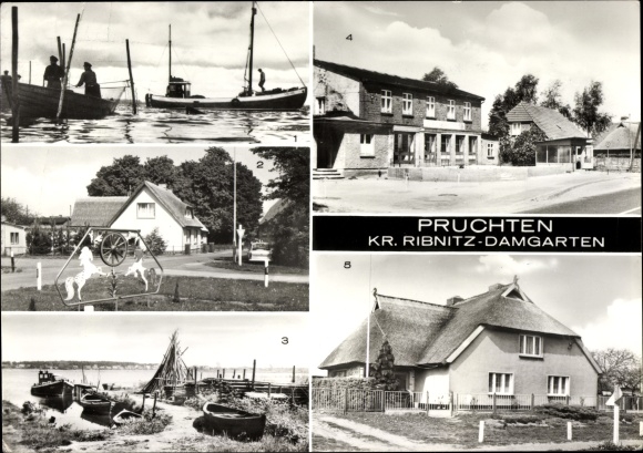 Postcard Pruchten in Western Pomerania, boats on the Bodden, on the Barthe, FDGB restaurant