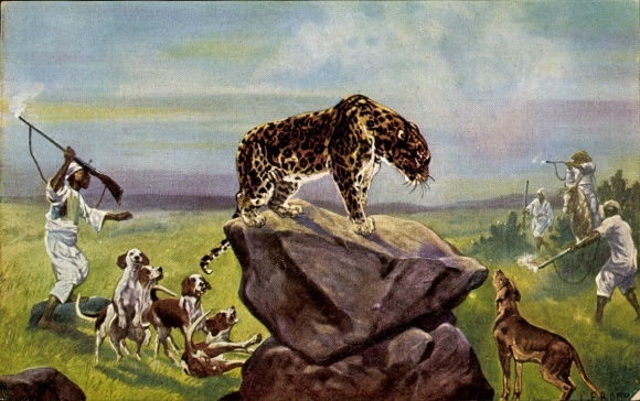 Artist Postcard Fromme, Ludwig, Men on the hunt, dogs, leopard