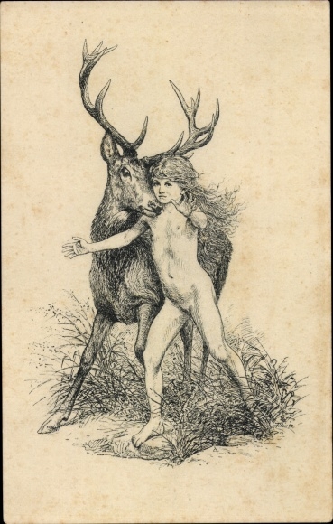Art Nouveau artist Postcard Fidus, Thou shalt not kill, child, deer, Association of the St. George's Association