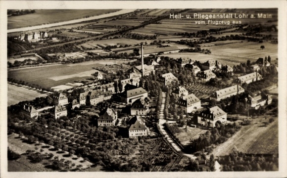 Postcard Lohr am Main Unterfranken, sanatorium and nursing home from the plane