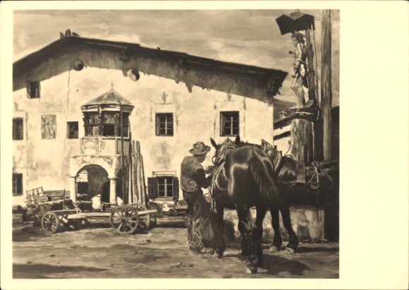 Artist PC Ederer, Carl, village square, man with two horses, HDK 127