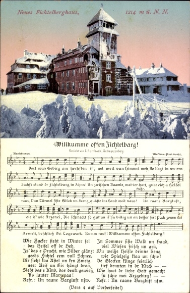 Song Postcard Oberwiesenthal Erzgebirge, New Fichtelberghaus, Willkumme open Fichtelbarg