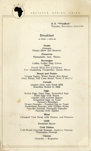 Menu card, steamer Windhoek, November 22, 1938, breakfast