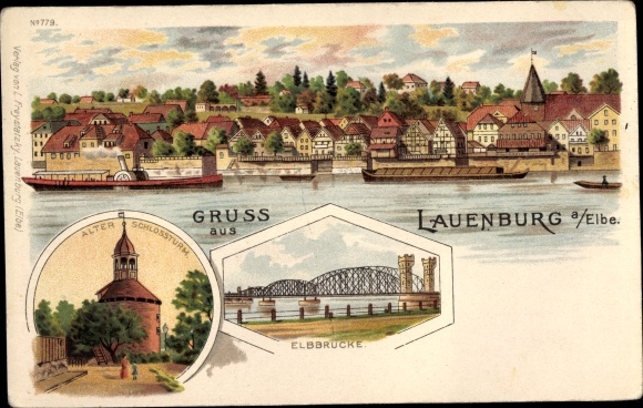 Chromo-Litho Lauenburg an der Elbe, Elbe bridge, old castle tower, view of the town