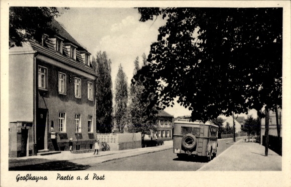 Ak Großkayna Braunsbedra Saksen-Anhalt, bij het postkantoor, bus