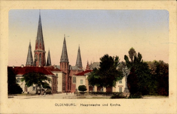 Postcard Oldenburg in Holstein, main guard, church, old buildings, trees