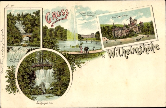 Chromo-Litho Bad Wilhelmshöhe Kassel in Hesse, Devil's Bridge, Great Fontaine, Löwenburg