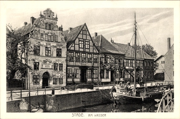 Postcard Stade in Lower Saxony, Am Wasser West, Furniture Painting Establishment, Master Bricklayer H. Helmke