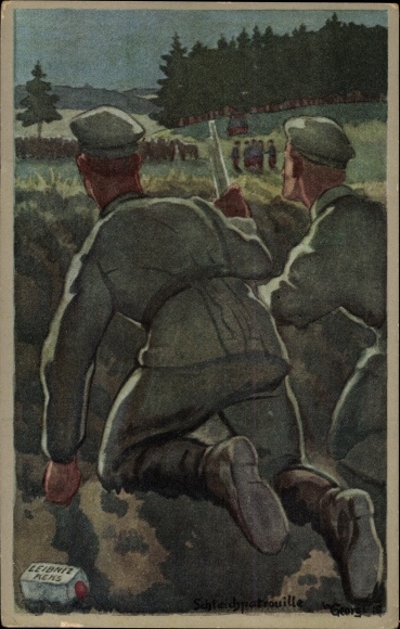 Artist PC Georgi, W., sneak patrol, advertising, Bahlsen, Leibniz Biscuit, German soldiers