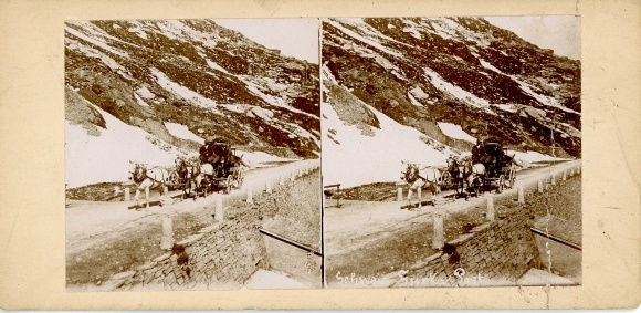 Stereo photo Canton Valais, Furka Pass with stagecoach