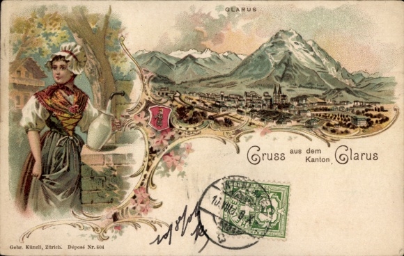 KP Glarus, kanton Glarus, Szwajcaria, górski krajobraz, kobieta w tradycyjnym stroju, stempel pocztowy...