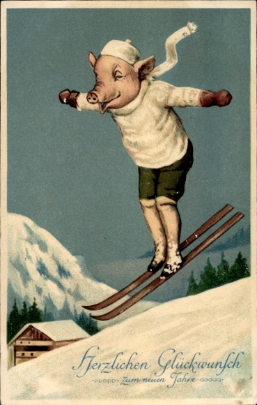 Happy New Year, Humanized Pig on Skis