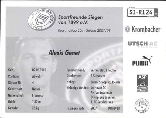 Autograph card footballer Alexis Genet, Sportfreunde Siegen, autograph