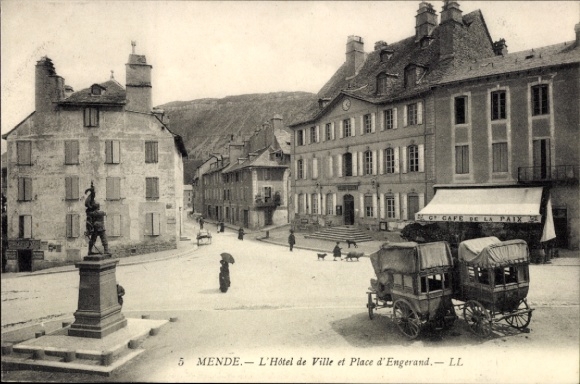 KP Mende Lozère, 5, Hôtel de Ville, Place d'Engerand, widok na miasto, powozy, pomnik