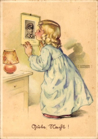 Kunstenaarskaart Lungershausen, Ilse Wende, welterusten, Wehrmacht-soldaat, meisje, kus