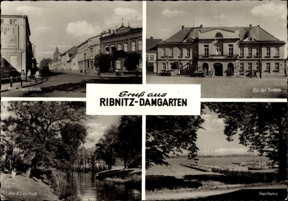 Ak Ribnitz Damgarten, Karl Marx Strasse, districtsraad, zeilhaven, aan de Klosterbach