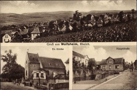 Briefkaart Wolfsheim in Rheinhessen, Panorama, Ev. Kerk, Hoofdstraat