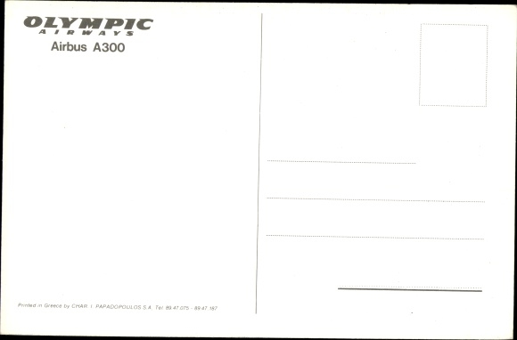 Postcard Greek passenger plane, Airbus A300, Olympic Airways