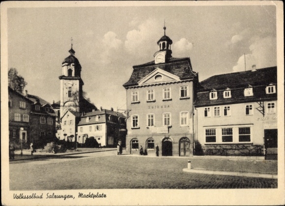 Postcard Bad Salzungen in Thuringia, Volkssolbad market square, s building, clock tower