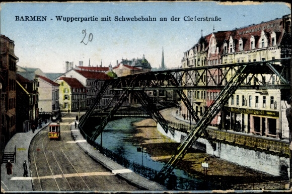 Postcard Barmen Wuppertal, Wupperpartie with suspension railway at Cleferstraße