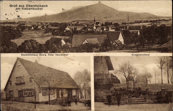 Ak Oberdielbach Waldbrunn, Totale vom Ort, Katzenbuckel, Geschäft Peter Neureuther, Kriegerdenkmal