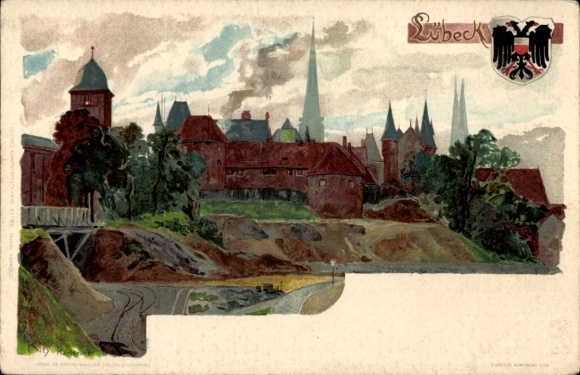 Artist Chromo-Litho Kley, Heinrich, Lübeck in Schleswig Holstein, Panorama of the city, coat of arms