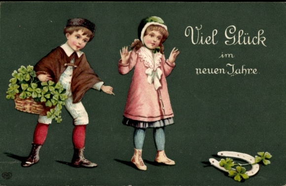 Embossed Postcard Congratulations New Year, children, horseshoe, lucky clover