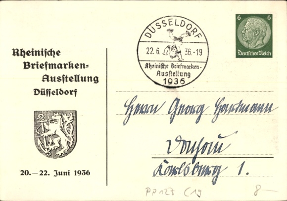 Postwaardestukkunstenaar Ak Peters, P., Düsseldorf, postzegeltentoonstelling juni 1936, postbode