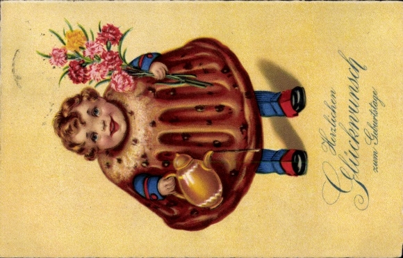 Postcard Happy Birthday, child as birthday cake, carnations