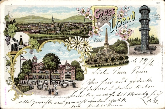 Litho Löbau in Sachsen, Friedrich August Turm, Restaurant Königbrunnen, Siegesdenkmal