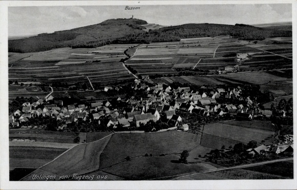 Postcard Unlingen in Upper Swabia Württemberg, aerial view of Busen in the background