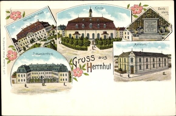 Litho Herrnhut in der Oberlausitz Sachsen, Herrschaftshaus, Kirche, Denkmal, Museum, Schwesternhaus