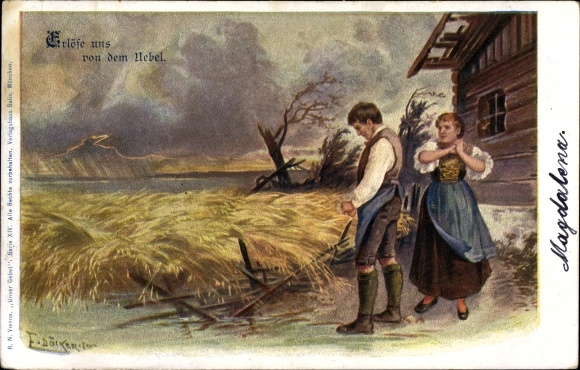 Artist Postcard Döcker, E., Redeem us from evil, farmers, thunderstorms
