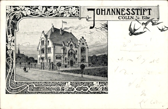 KP Cölln nad Łabą Miśnia Saksonia, Johannesstift, budynki, niebo, ptaki, ilustracja miasta