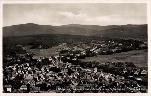 Postcard Oberursel in the Hochtaunuskreis Hessen, aerial photograph with Altkönig and Großer Feldberg