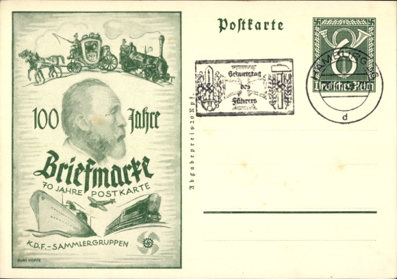 Postwaardestuk Ak 100 jaar postzegel, 70 jaar ansichtkaart, Dr. Heinrich von Stephan, KdF-verzamelaarsgroepen