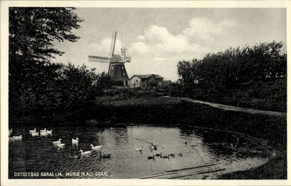 Postcard Ostseebad Graal Müritz, windmill, pond