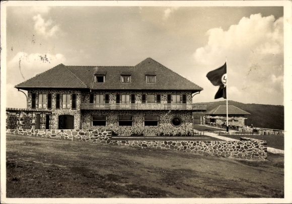 Postcard Dermbach in der Rhön Thuringia, historical building, flag, stone wall, clouds, inn
