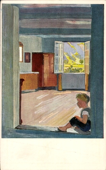 Artysta KP Welti, Albert, Kunstwart Picture Card nr 222, Chłopiec w drzwiach