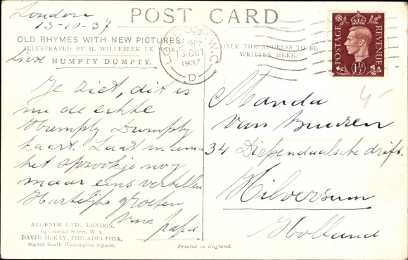 Artist Postcard Willebeek Le Mair, Old Rhymes with new pictures, Humpty Dumpty