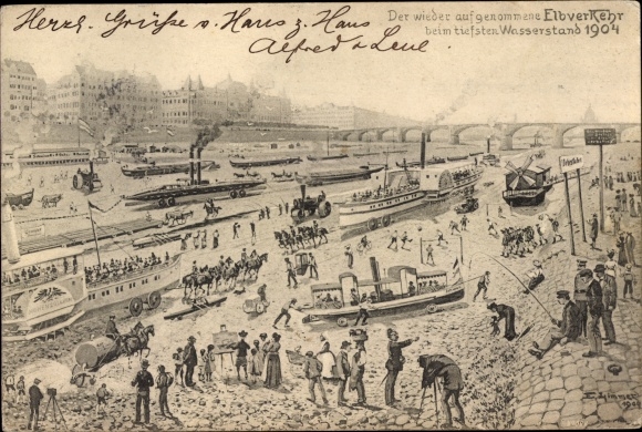 Artist PC Dresden Altstadt, the Elbe traffic resumed when the water level was low in 1904