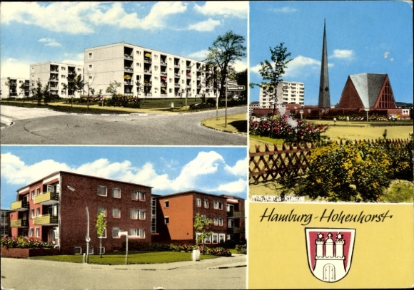 Ansichtkaart Hamburg Wandsbek Hohenhorst, wapenschild, kerk, huizen