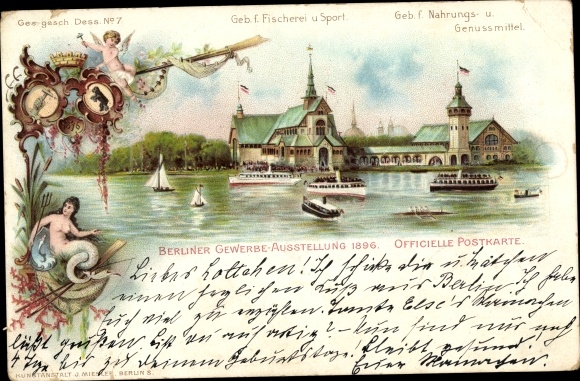 Chromo-Litho Berlin Treptow, commercial exhibition 1896, building for fishing and sports