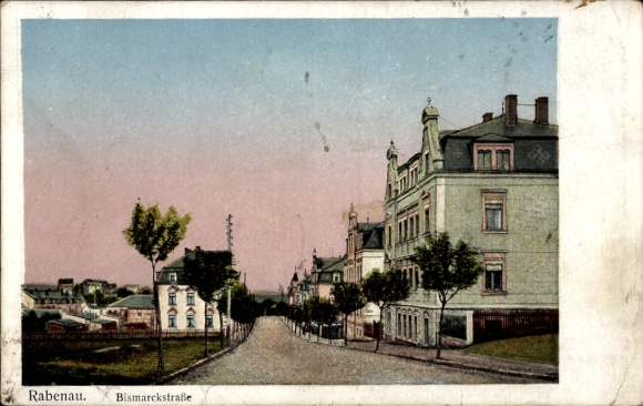 Postcard Rabenau in the Ore Mountains, Bismarckstraße, houses, trees, soft lighting, city view