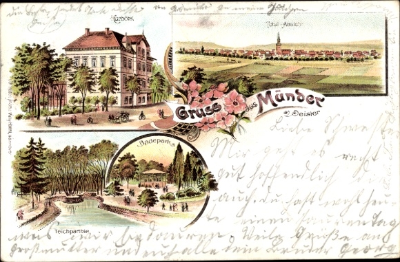 Chromo-Litho Bad Münder am Deister, spa hotel, bathing park, pond area, total view