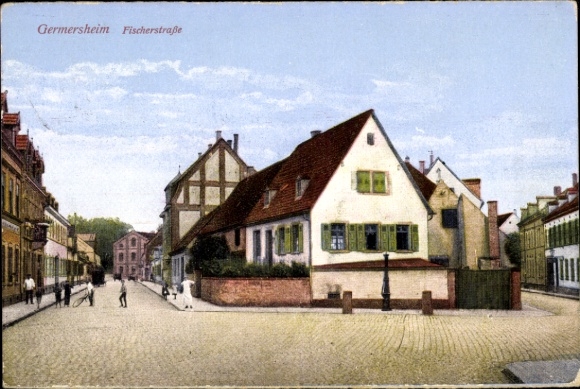 Postcard Germersheim am Rhein, Fischerstraße, houses, street view, people, trees