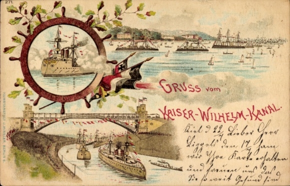 Litho Ak Kiel, Gruß vom Kaiser-Wilhelm-Kanal, Flaggen, Salutschuss, Hochbrücke