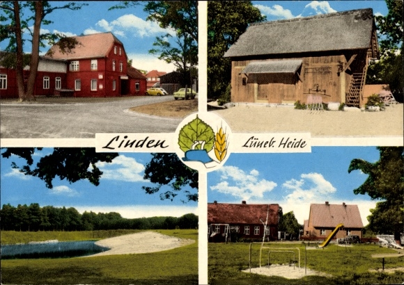 Postcard Linden Schwienau in the Lüneburg Heath, lake, town view, playground